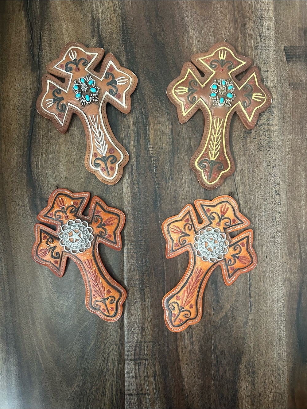 Decorative Leather Cross Wall Accents - Brown and Orange